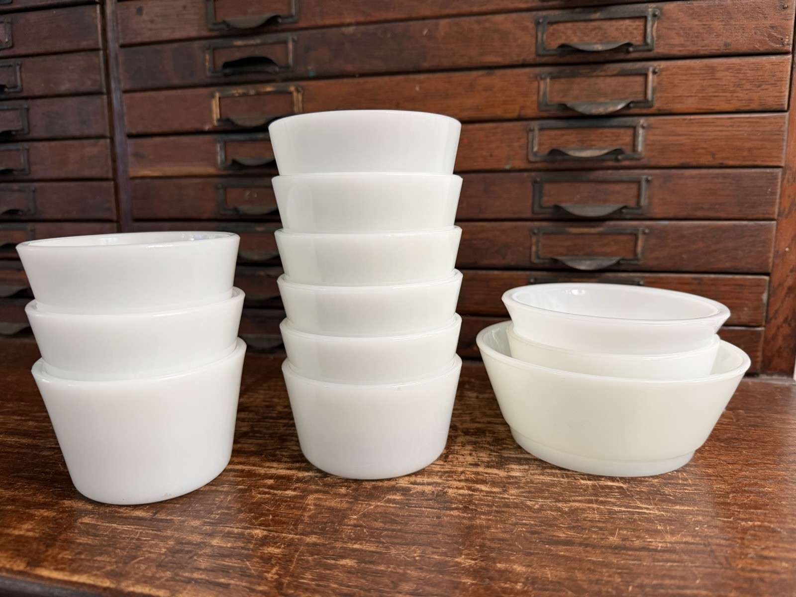 Lot 12 Milk Glass Ramekin Custard Cups: 4-8 oz Anchor Hocking Glasbake Fire-King