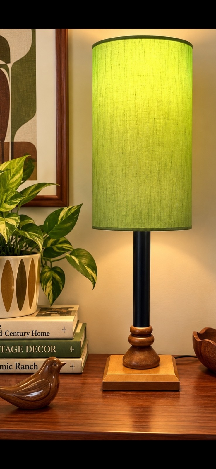 Vintage Mid Century Table Lamp Chartreuse Green Drum Shade 21” MCM Mod Wood Lamp Vintage Mid Century Table Lamp Chartreuse Green Drum Shade 21” MCM Mod Wood Lamp