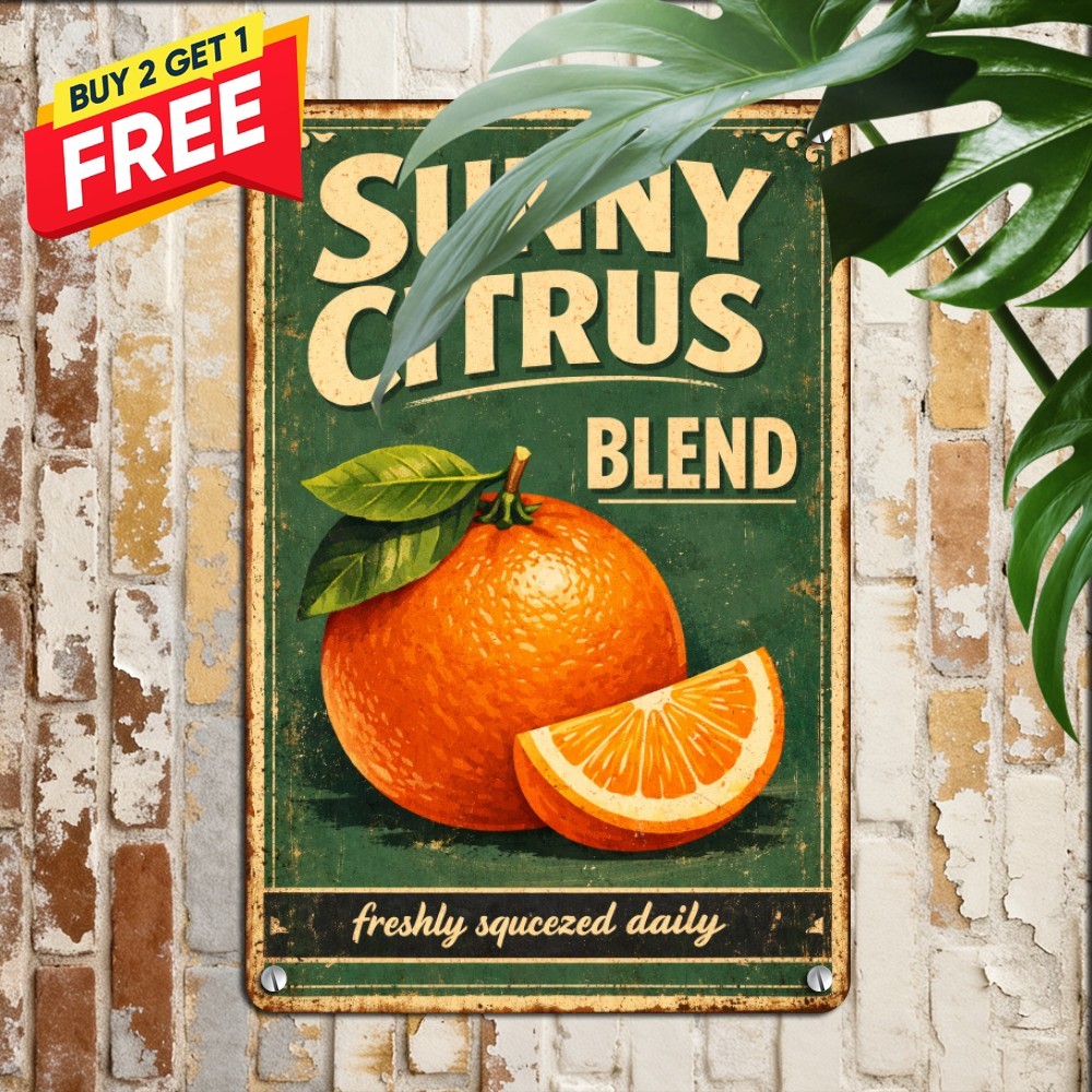 Organic Real Orange Fruit Metal Sign Green Country Cafe Tin Plaque Decor