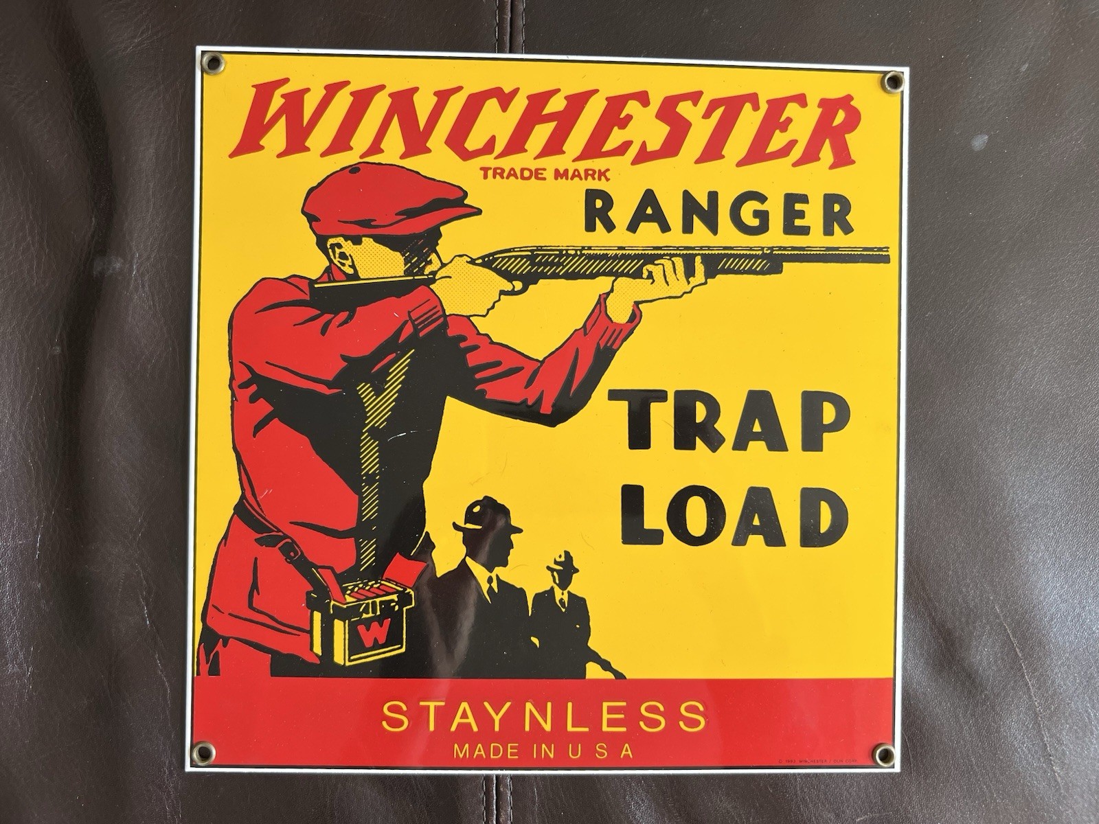 OLIN Winchester thick metal enamel STAYNLESS RANGER TRAP LOAD Sign 10x10 1993