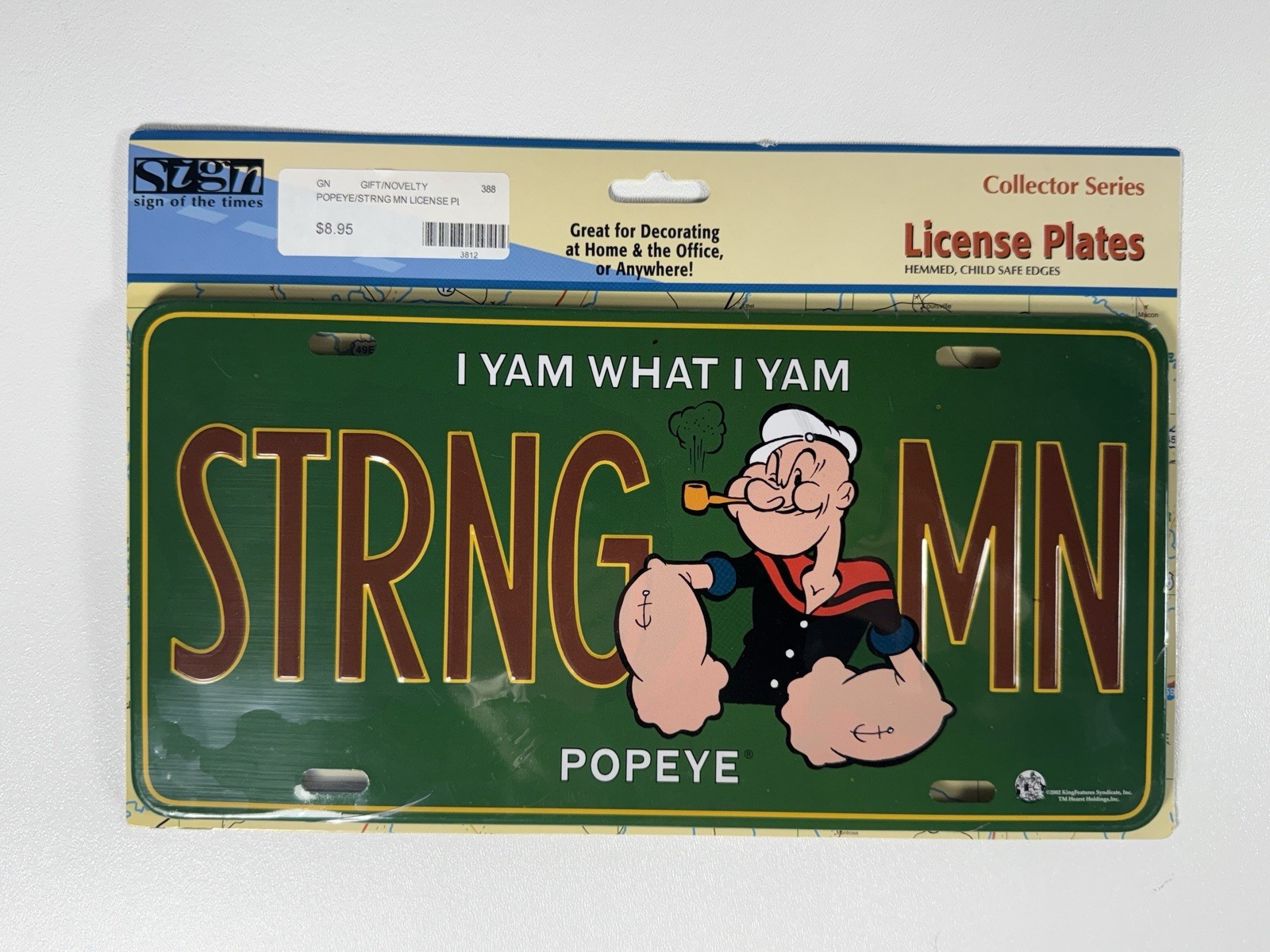 Vintage 2002 Popeye STRNG MN Strong Man Novelty License Plate Sign New READ