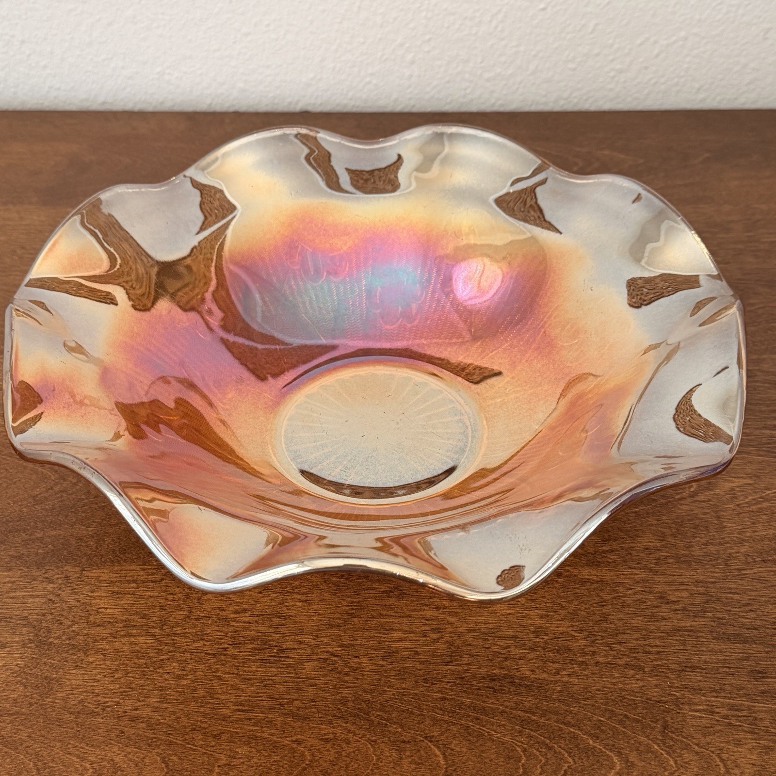 Jeannette Iris & Herringbone Marigold Carnival Glass Bowl Ruffled Edge Vintage