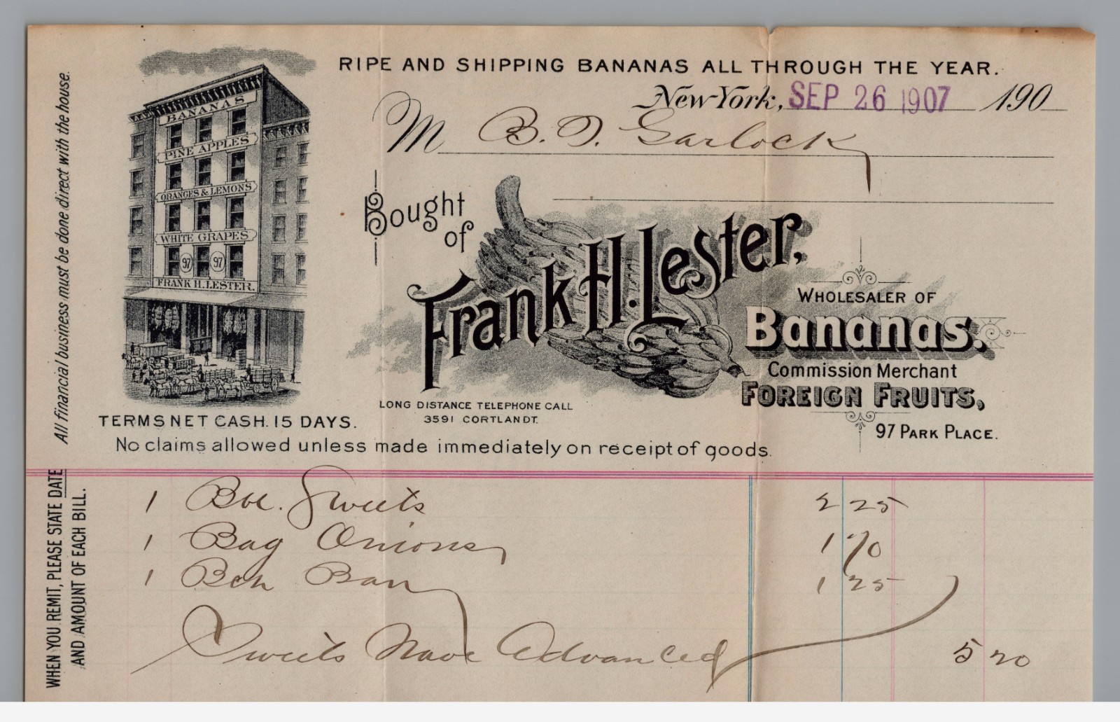 1907 Billhead Billhead FRANK H. LESTER Bananas New York, Ephemera 1907 Billhead Billhead FRANK H. LESTER Bananas New York, Ephemera