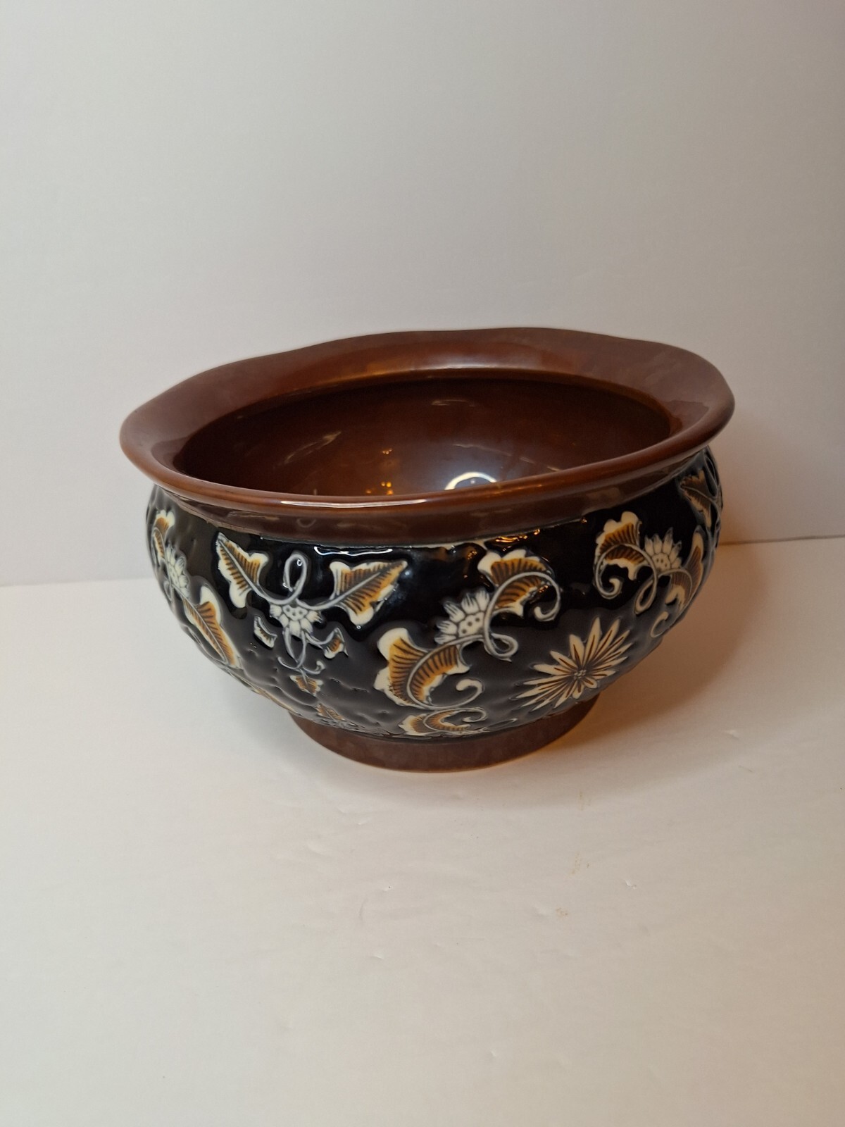 Antiq. Majolica Jardiniere-Brown Inter.-Dark Brown Enameled Body w/Flowers-SALE Antiq. Majolica Jardiniere-Brown Inter.-Dark Brown Enameled Body w/Flowers-SALE