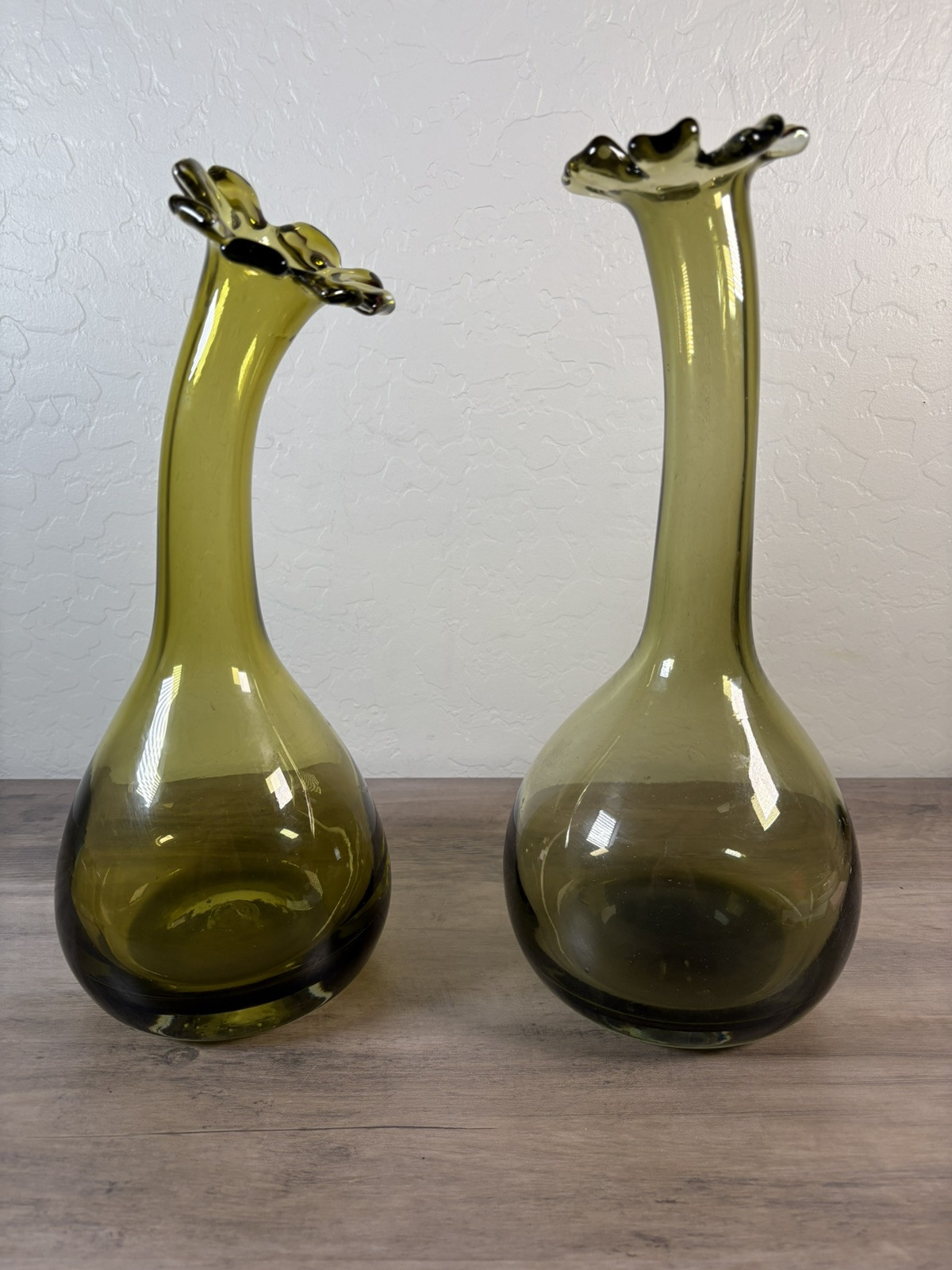 Blenko Green Flower Vase Glasses (2) Unique Heavy 16in Tall VTG (Olive Green)