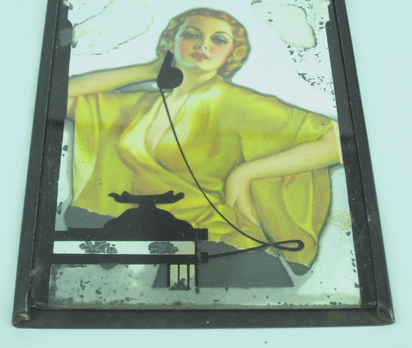 1930s art deco WEIDNER\'S PONTIAC car Phone Woman ROG glass hanging mirror sign