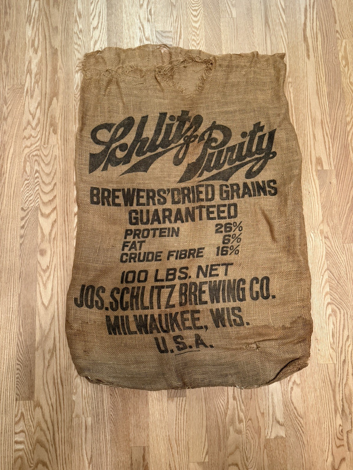 Vintage Jos. Schlitz Purity Brewing Dried Grains 100-Pound Bag Burlap Sack Vintage Jos. Schlitz Purity Brewing Dried Grains 100-Pound Bag Burlap Sack