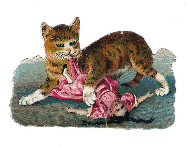 1888 Chromo, NAUGHTY CAT CHEW TOY DOLL, Antique Victorian Die-Cut Scrap 3 1888 Chromo, NAUGHTY CAT CHEW TOY DOLL, Antique Victorian Die-Cut Scrap 3