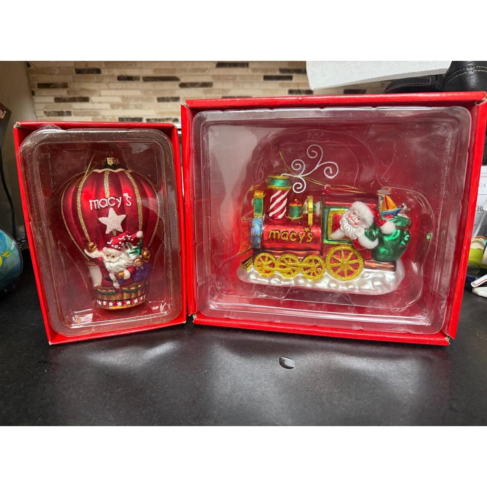 2-Vtg Macy\'s Christmas Ornament Mercury Glass Santa NEW IN BOXe