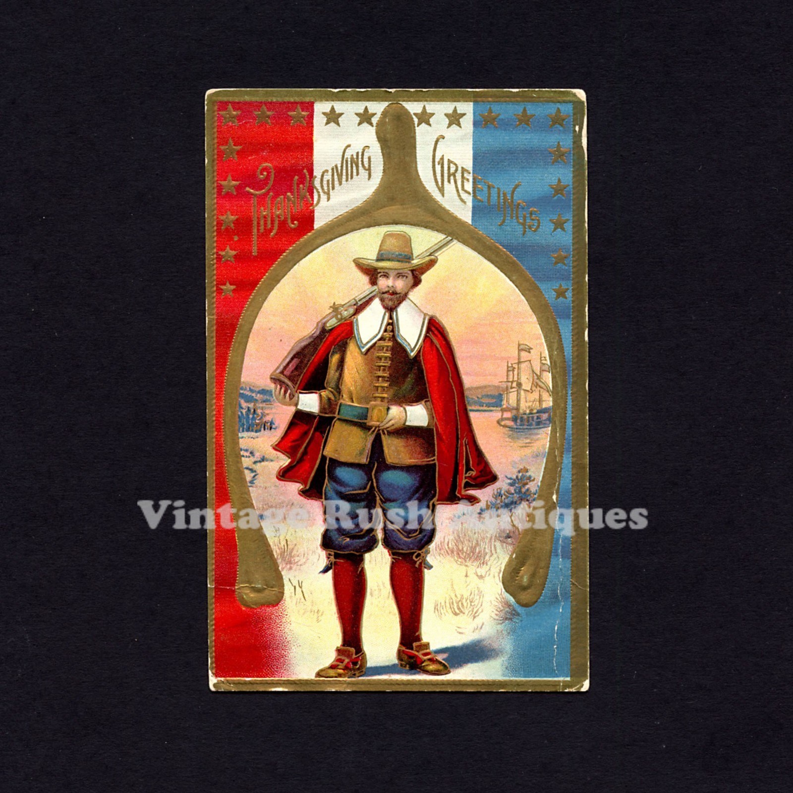 Antique Edwardian Postcard 1910 Thanksgiving Greetings Patriotic Pilgrim