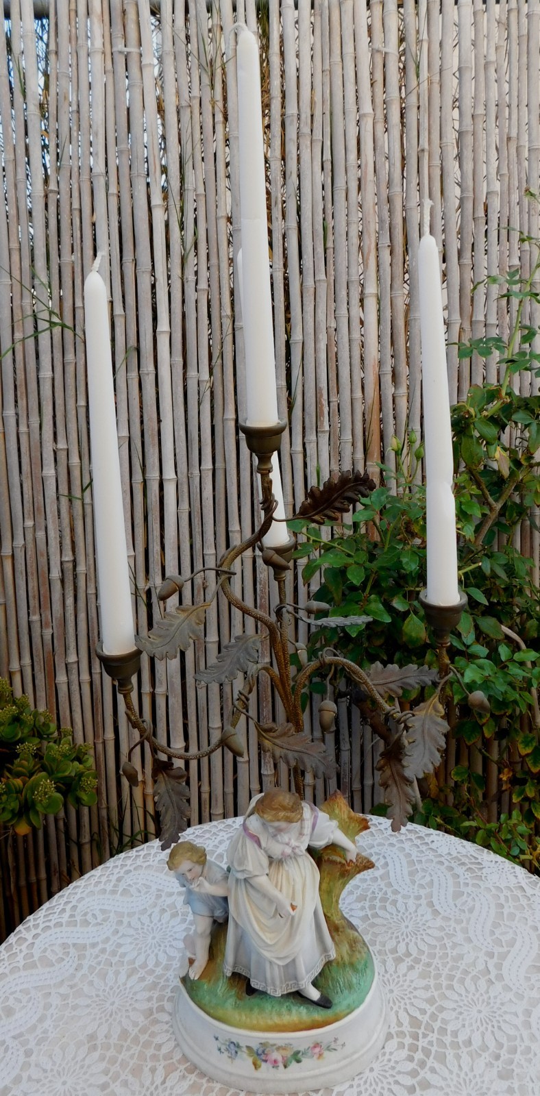 Antique French Porcelain Figurine Brass Candle Holder Candelabra Paris