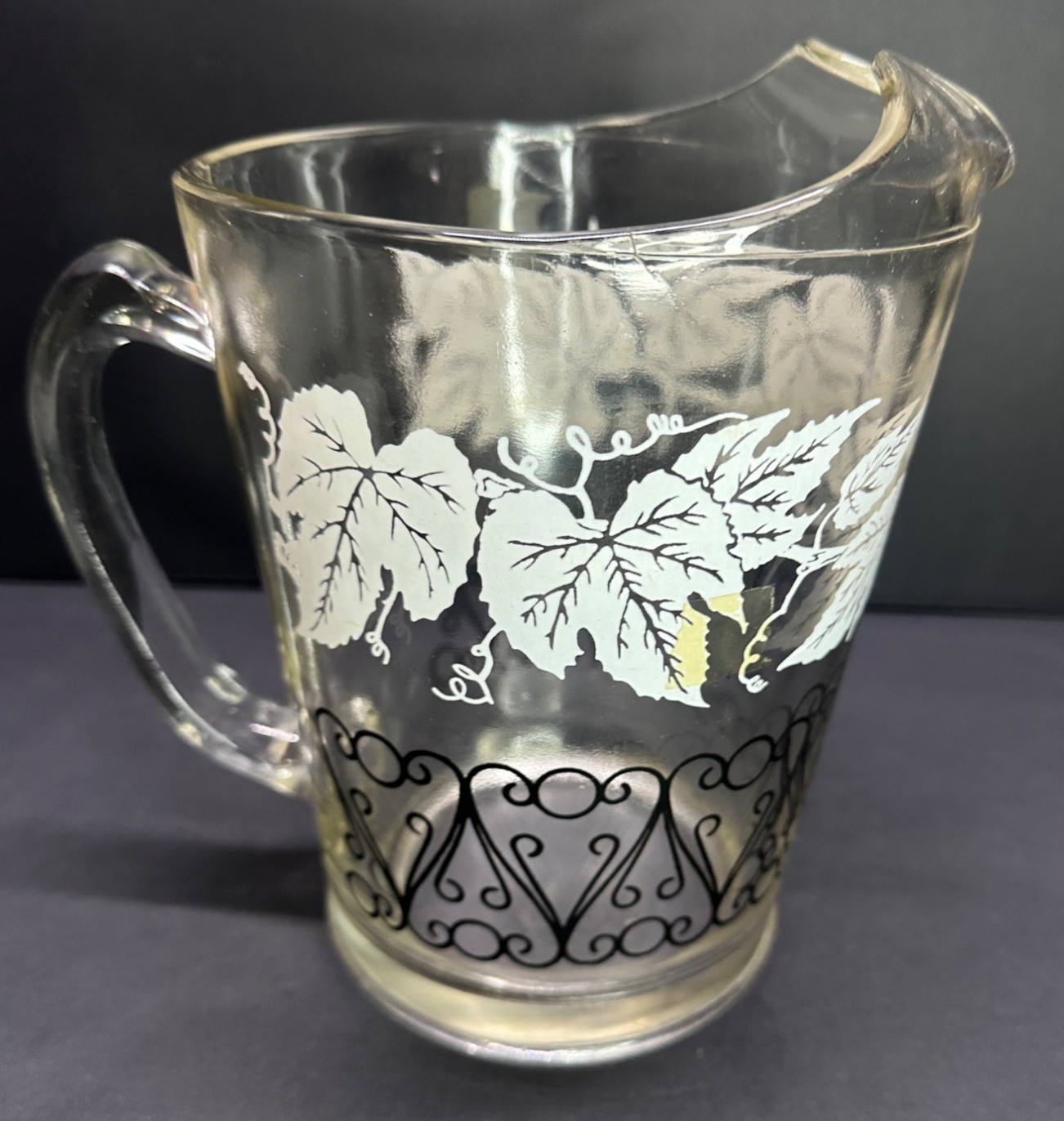 Vtg Bartlett Collin's Style Glass Pitcher Etched Grapevine Design 8.25