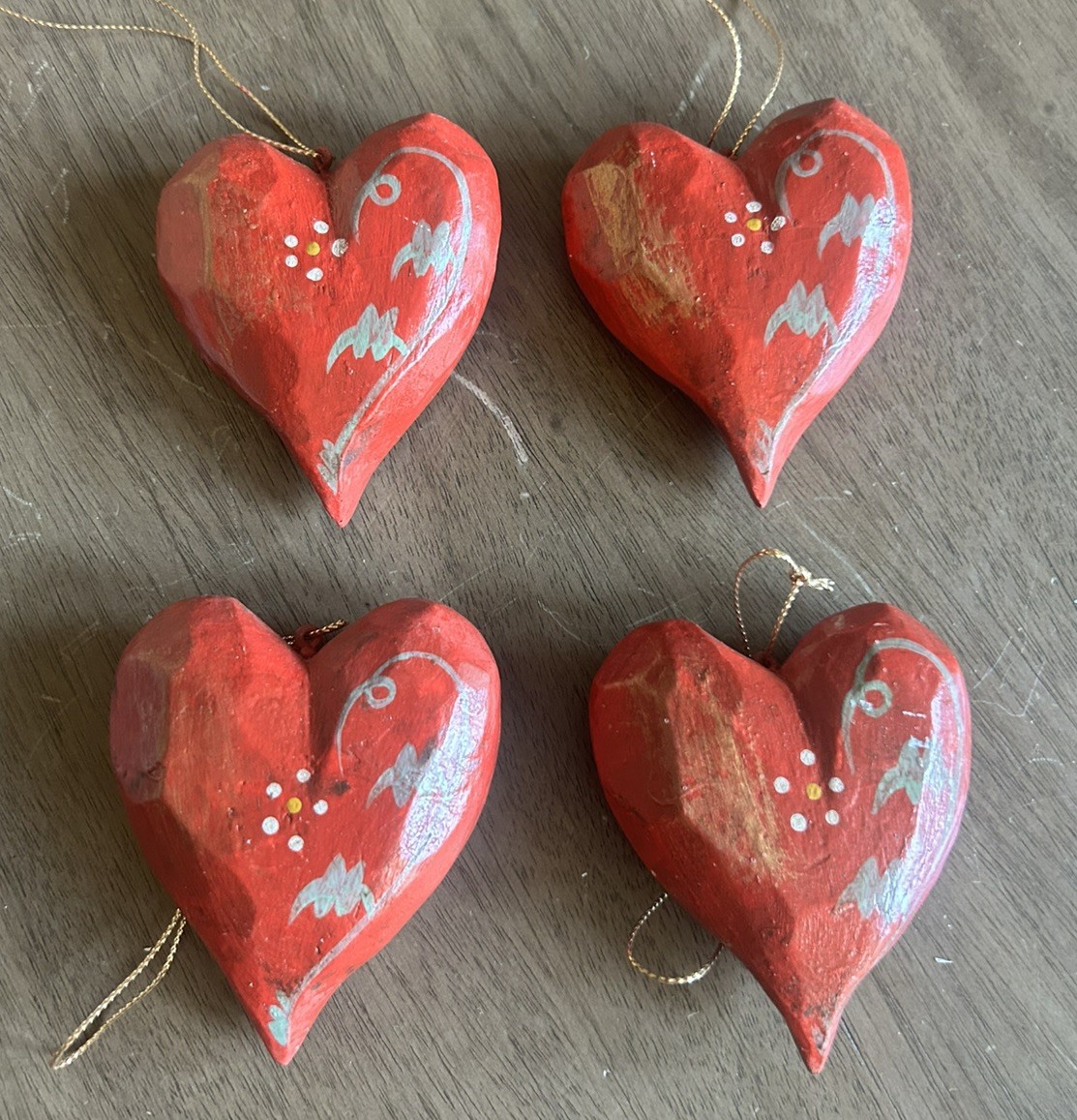 Vtg House of Hatten Resin Painted Red Heart Christmas Ornament Set of 4 Folk Art