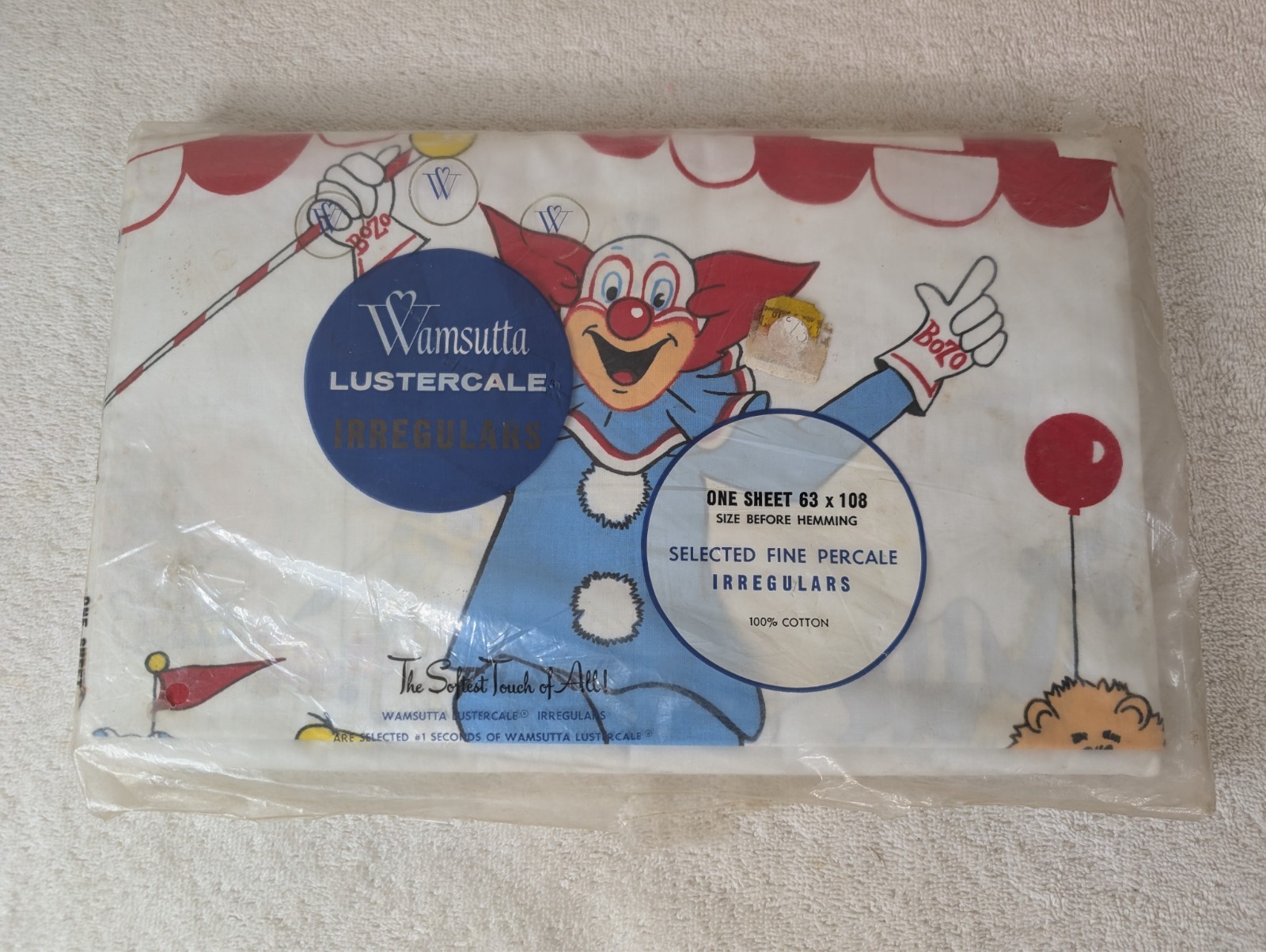 Vintage Kitschy Bozo The Clown Children Twin Size Flat Bed Sheet NEW Wamsutta