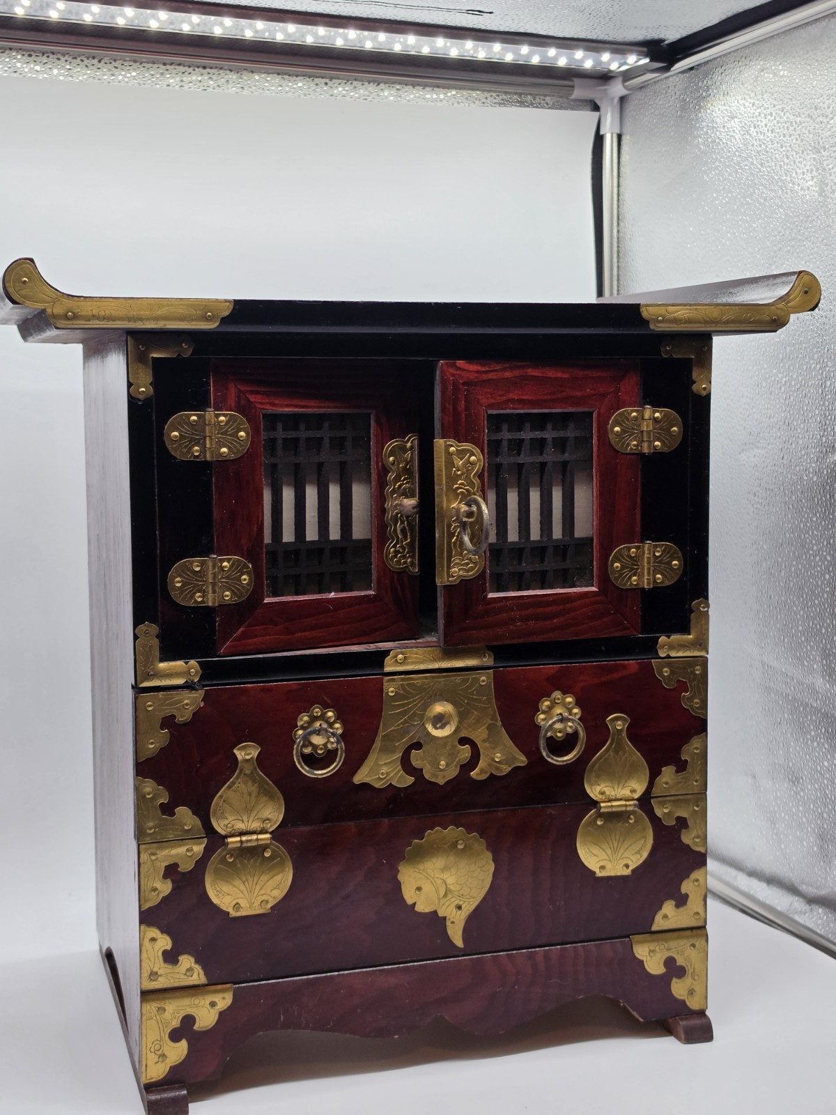 Antique  Vintage Korean Wooden Tabletop Chest Dresser Jewelry Wood & Brass Old