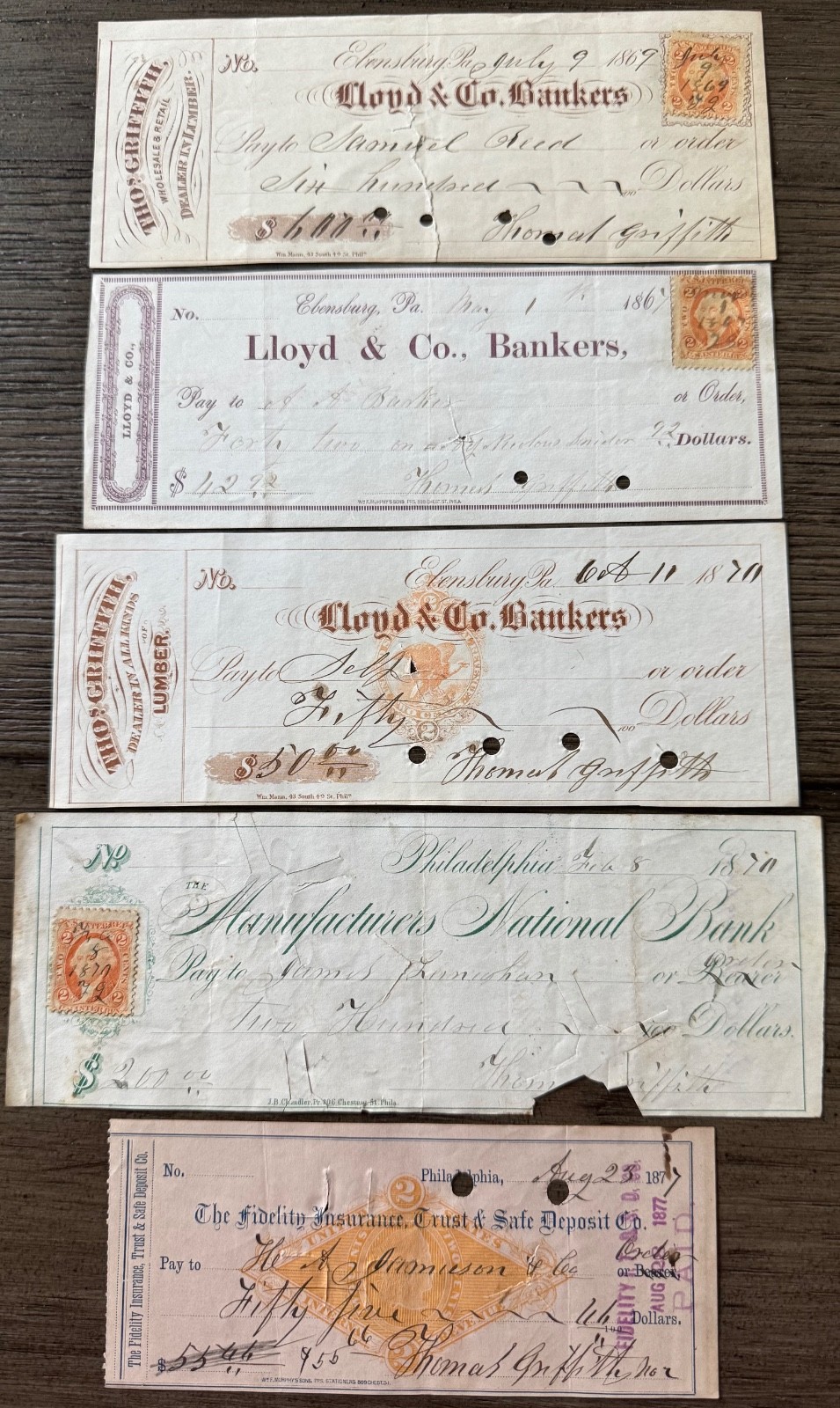 5x 1867 to 1877 Vintage Bank Checks Fidelity, Lloyd, Manufacturers Bank Z103 5x 1867 to 1877 Vintage Bank Checks Fidelity, Lloyd, Manufacturers Bank Z103