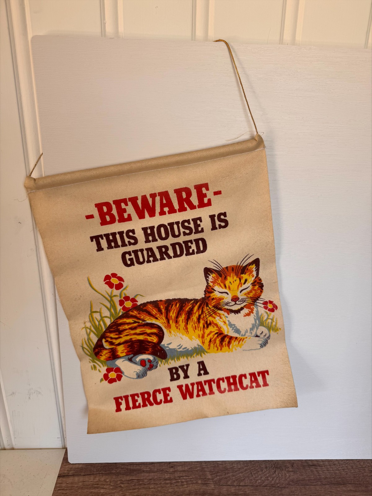 Vintage J.S.N.Y. Fierce Watchcat Cat Wall Hanging Banner Hong Kong 7410