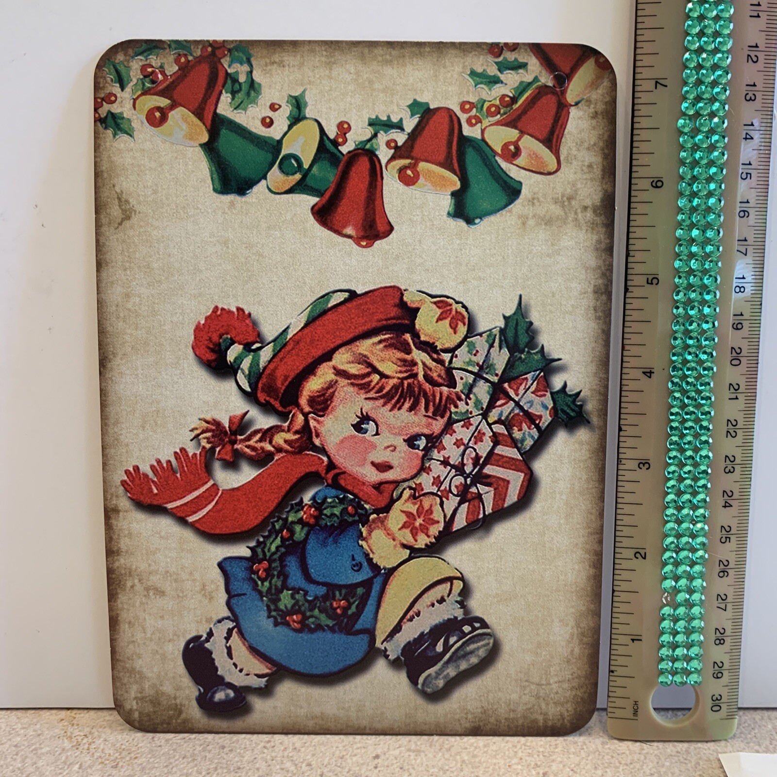 Christmas Decor Holiday VINTAGE STYLE Die Cut Cardboard Girl Presents  5 X 7”