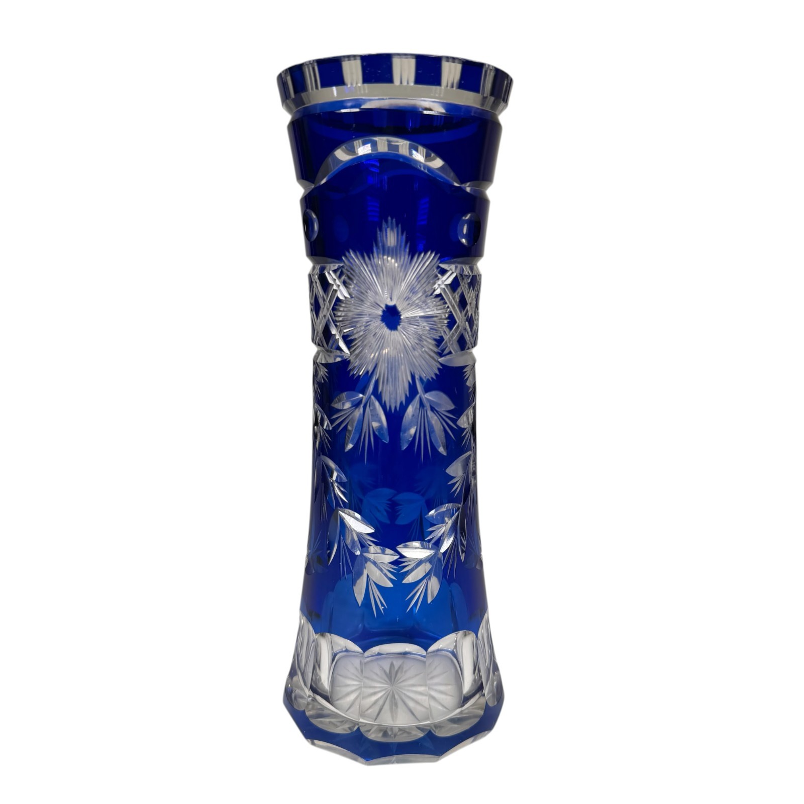 Vintage Bohemian Cobalt Blue Cut-To-Clear Crystal Glass Decor Flower Vase 8.5