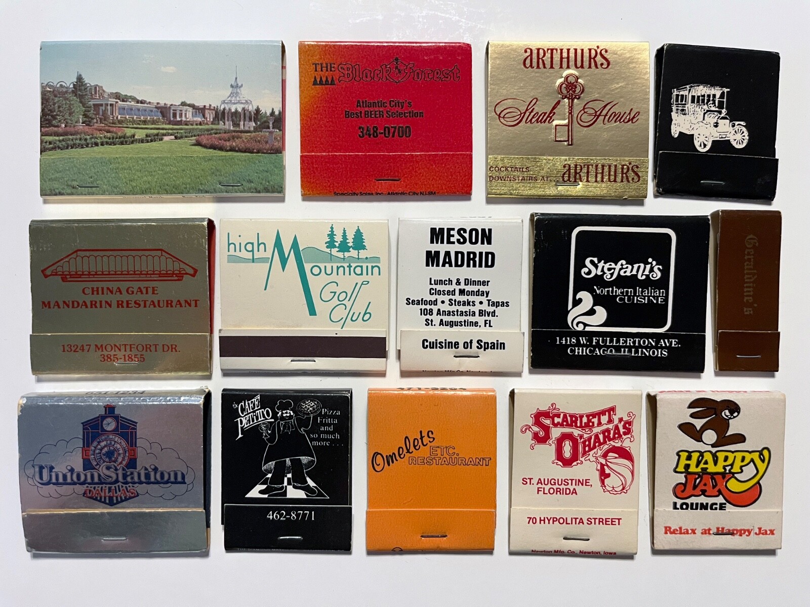 Vintage Circa 1960s Lot of 14 Restaurant Matchbooks, All USA, All Unstruck