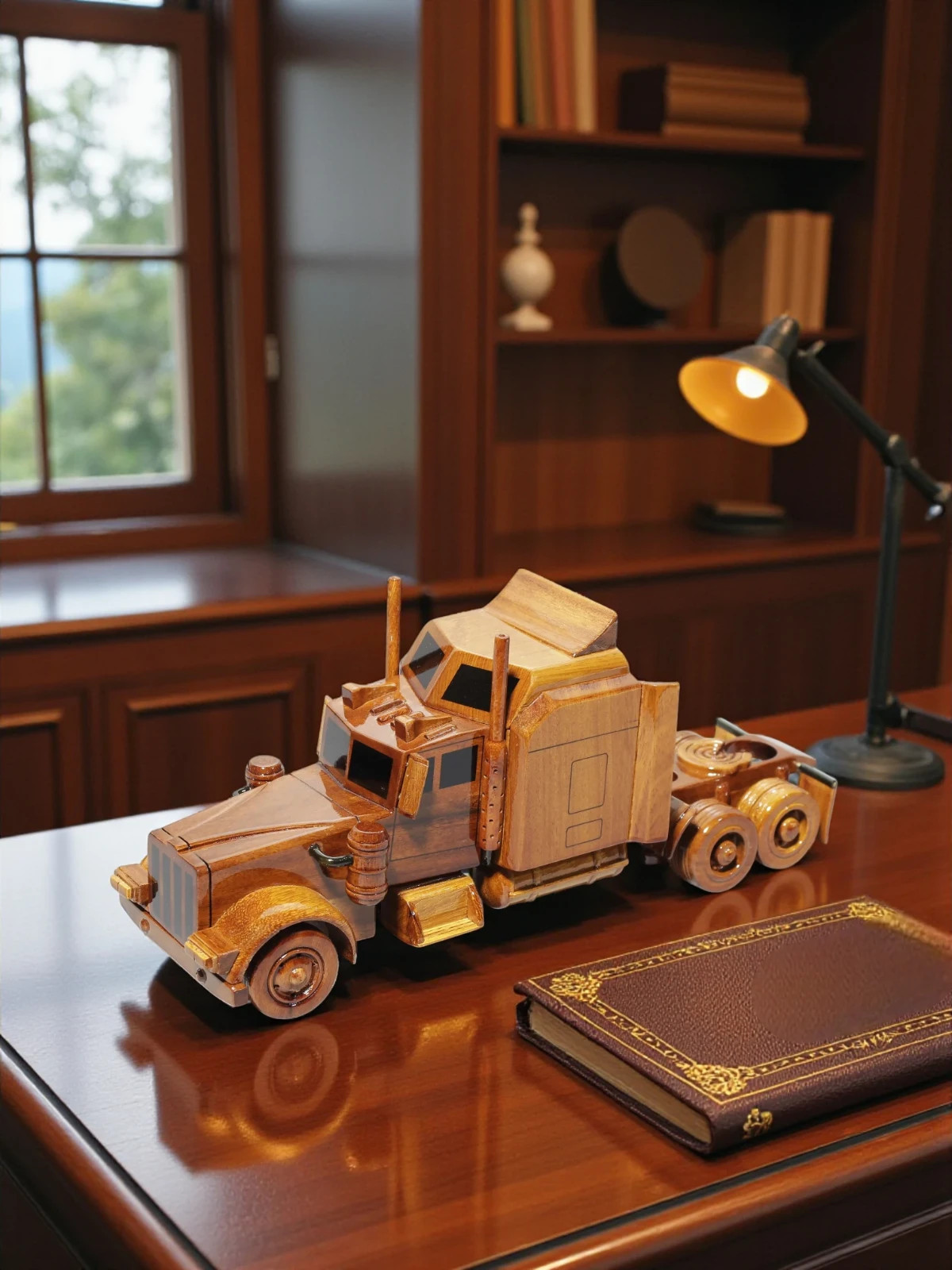 Handcrafted Wood Semi Truck Model: Big Rig Collectible Decor
