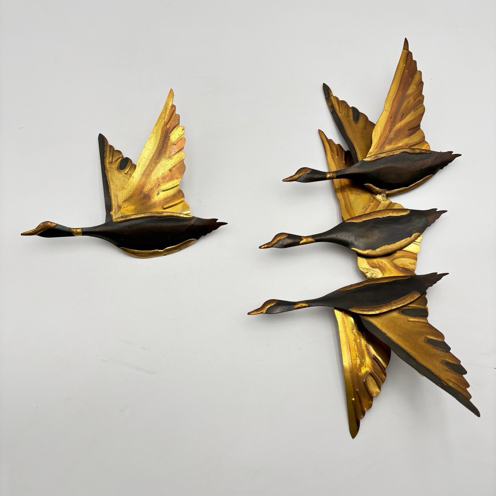 Vtg MCM Metal Brutalist Styled Flying Geese Duck Wall Hanging Set 60s Home Decor