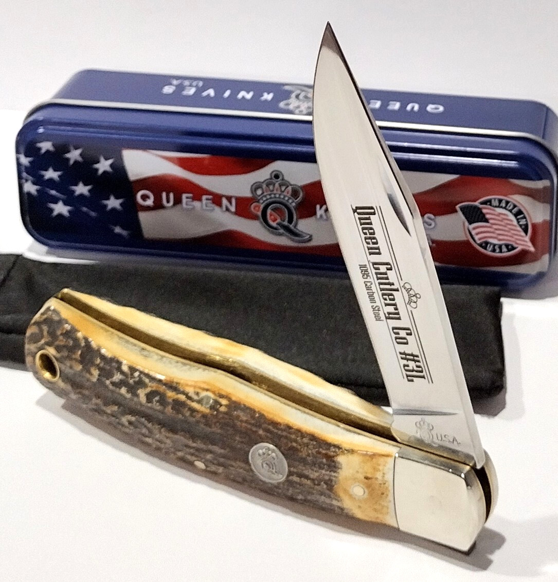 Queen USA Brown Burnt Stag Horn Handles Lockback Folding Pocket Knife QGSH106