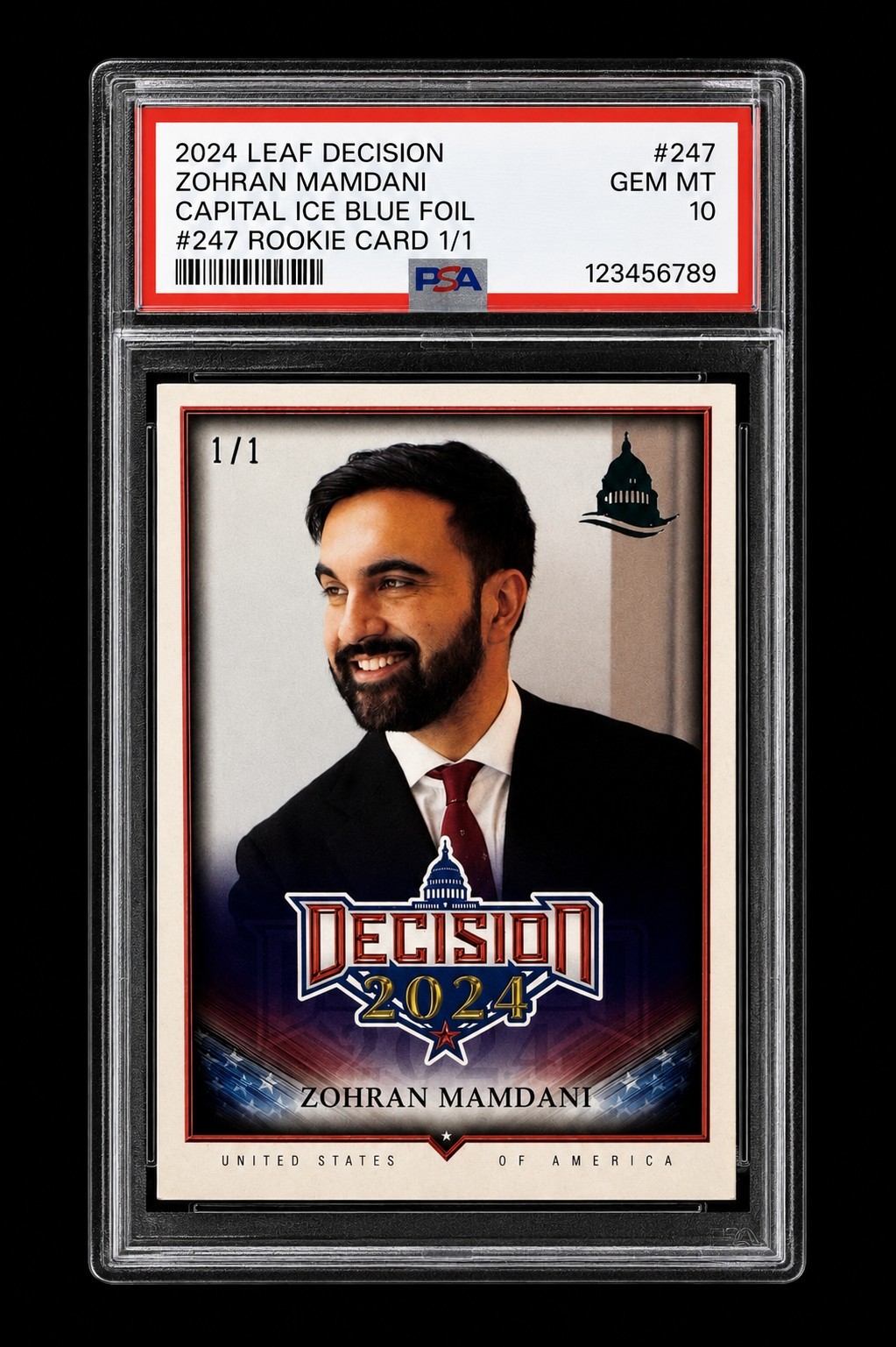 Zohran Mamdani 2024 Leaf Decision #247 Capital Ice Blue Foil Rookie Card RC 1/1