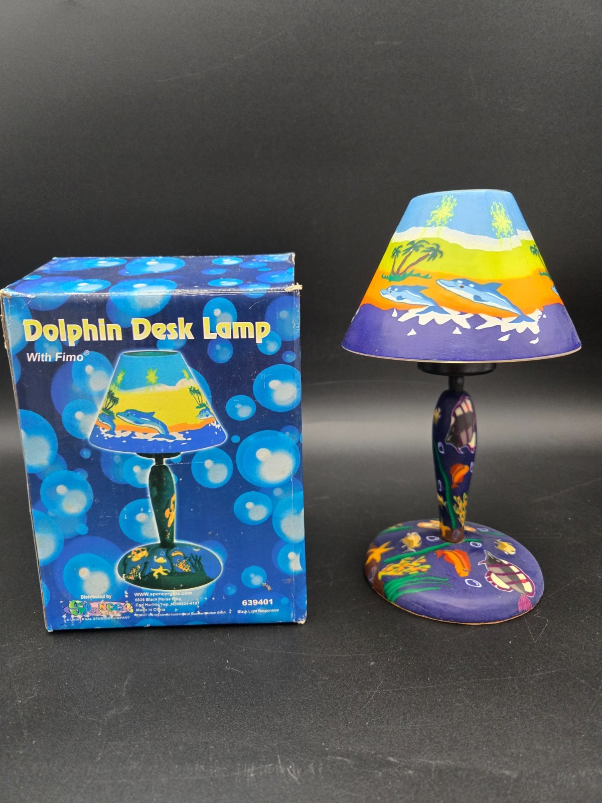 Vtg Spencers Gifts Dolphin Desk Lamp Fimo Polymer Clay Candle Holder Rare Box