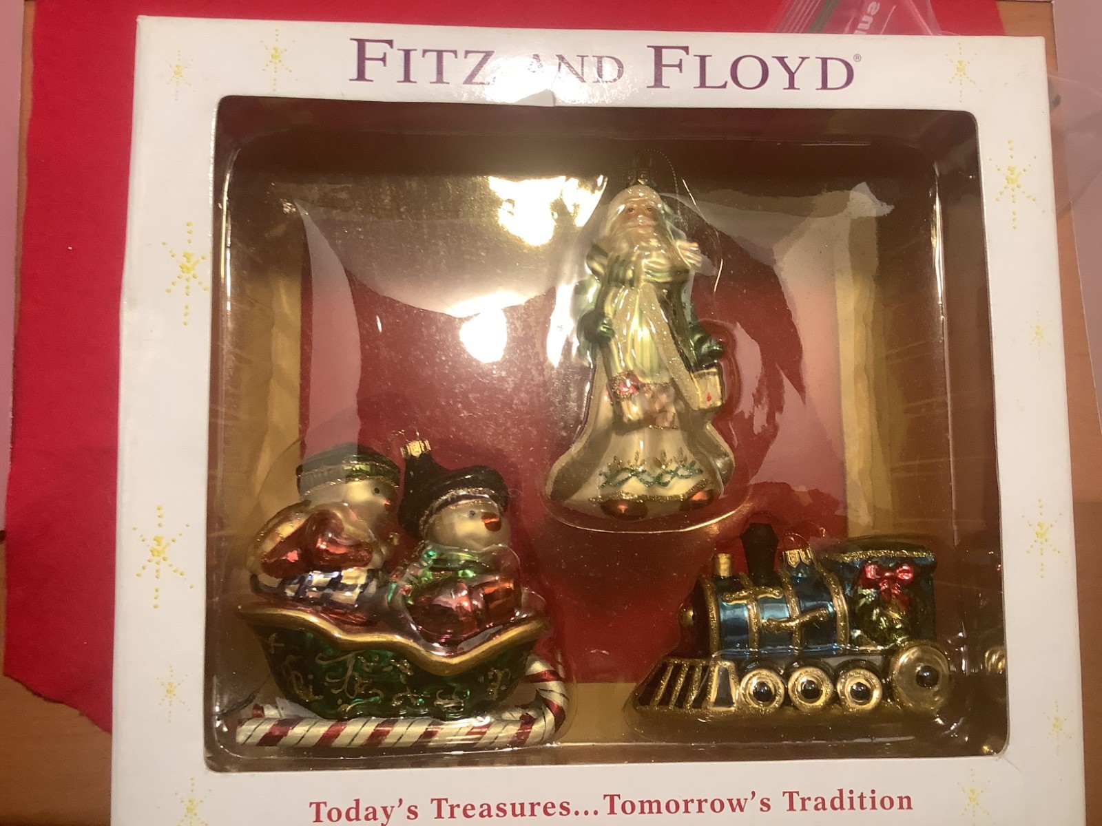 New Set 3 Fitz and Floyd 2004 Christmas ornaments Santa Snowmen Sleigh Train