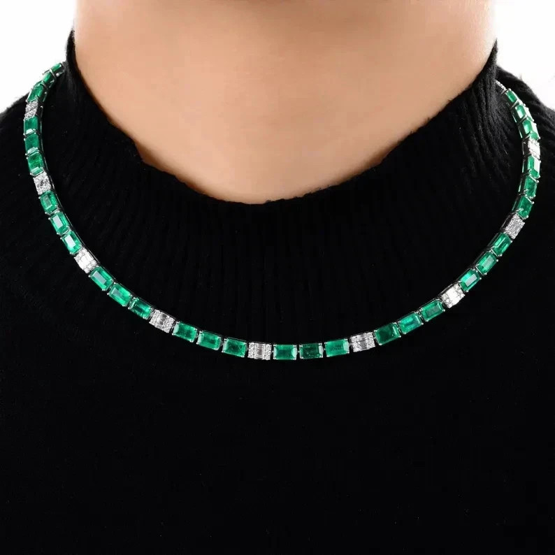 22.30ct Diamond Baguette Cut & Zambian Emerald Necklace 14K White Gold Over 16