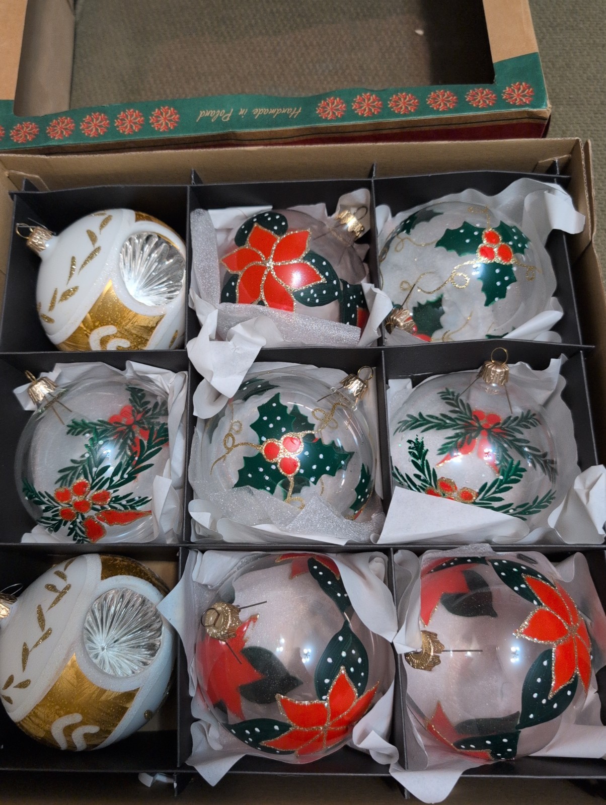 Poland Handblown Glass Christmas Ornaments Set 9 Holly & Gold Reflector Indent