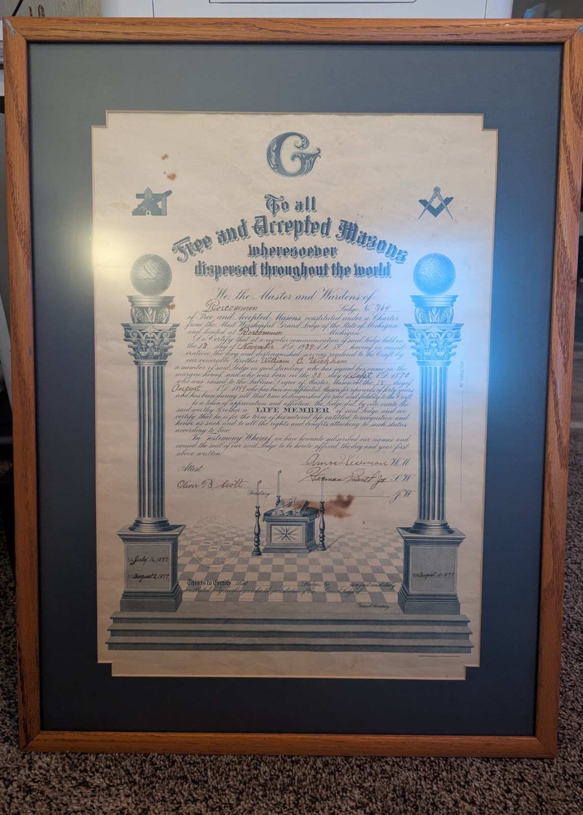 1930s Masonic Life Membership Certificate for William Wickham of Roscommon, MI 1930s Masonic Life Membership Certificate for William Wickham of Roscommon, MI