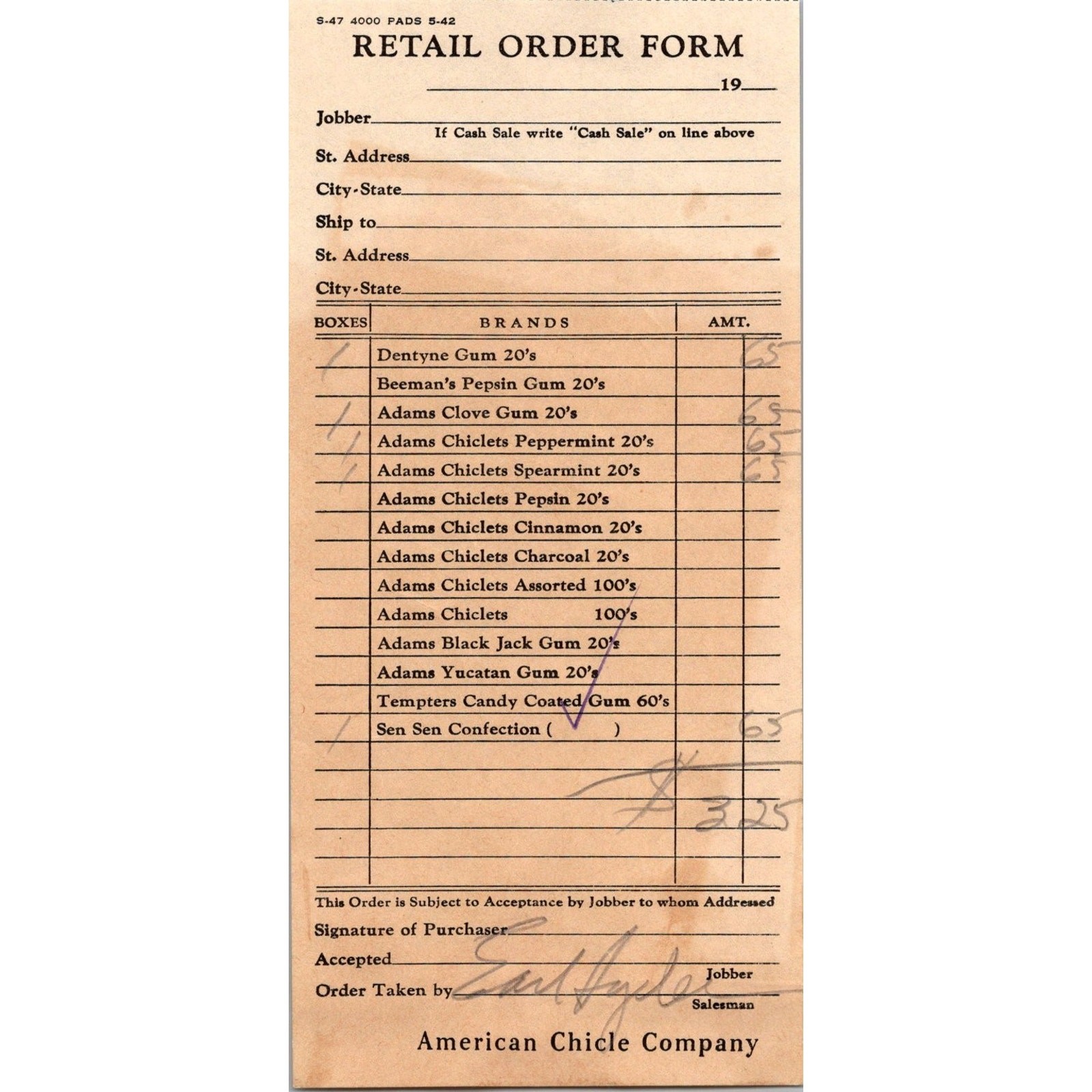 1940s American Chicle Company Retail Order Form Vintage Gum Ephemera Dentyne