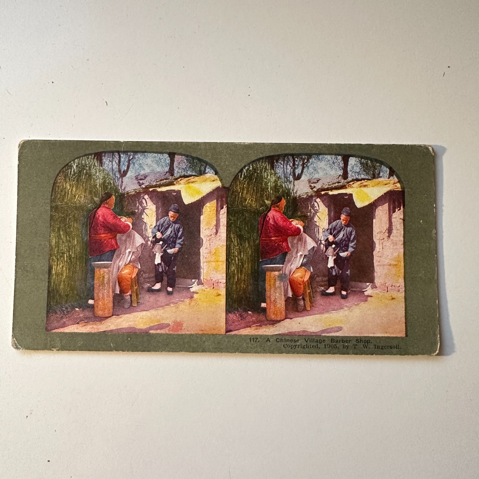 A Chinese Village Barber Shop Antique Stereoview Card 5H6-5