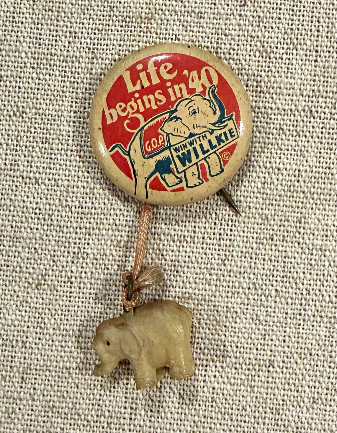 Vintage 1940 Wendell Willkie GOP Life Begins in '40 Elephant Dangle Pin
