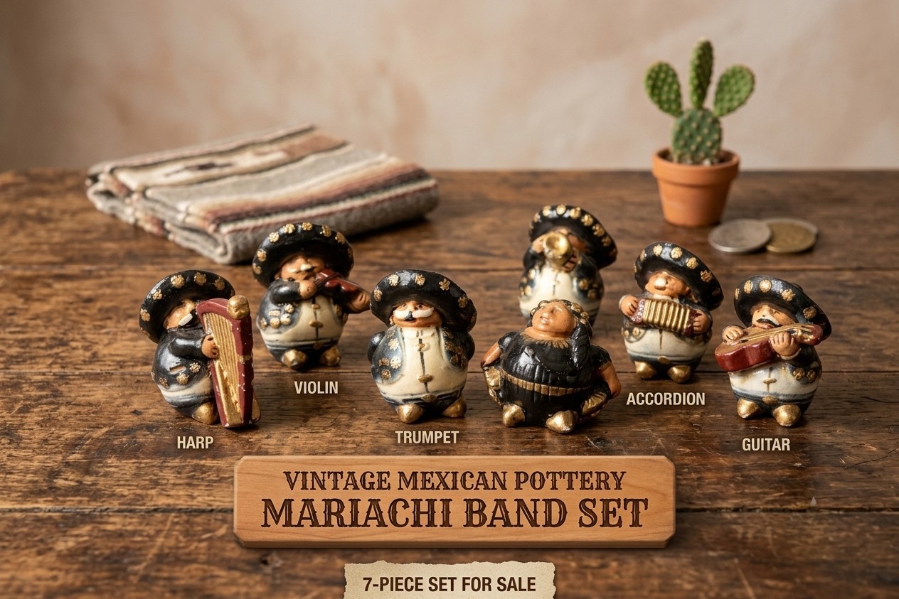 7pc Vintage Mexican Mariachi Ceramic Figurine Set Folk Art Musicians Sombrero