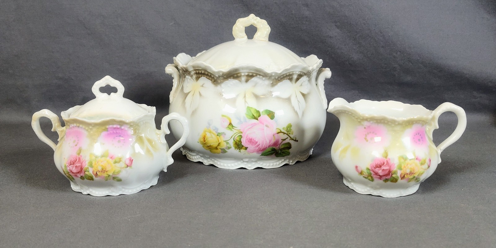 Antique Leuchtenburg Germany Porcelain 3 Pc Set Biscuit Jar, Sugar Bowl, Creamer