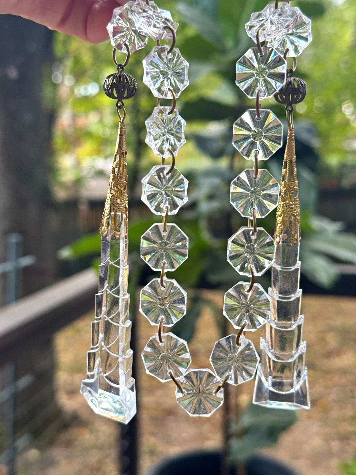 Vintage Clear Acrylic Chandelier Prism Strand w/ Spear Drops, Gold Metal Rings Vintage Clear Acrylic Chandelier Prism Strand w/ Spear Drops, Gold Metal Rings