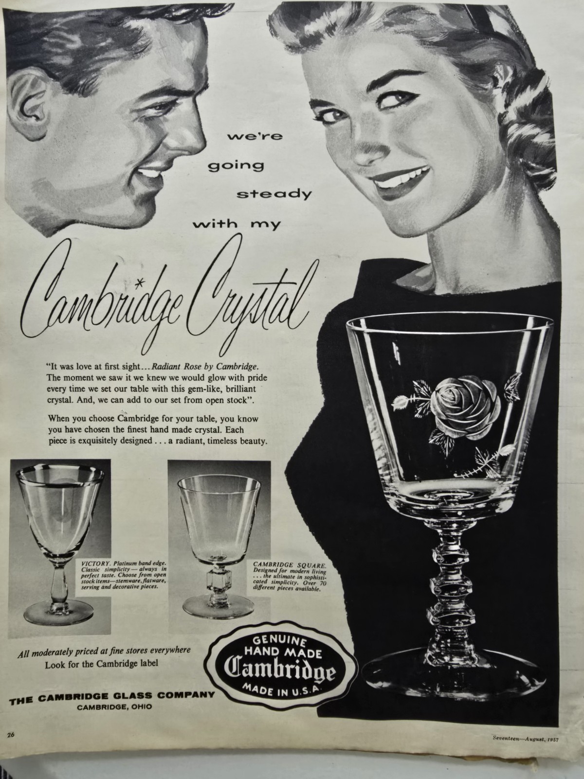 1957 Cambridge Glass Stems Victory Square Radiant Rose patterns vintage Ad  