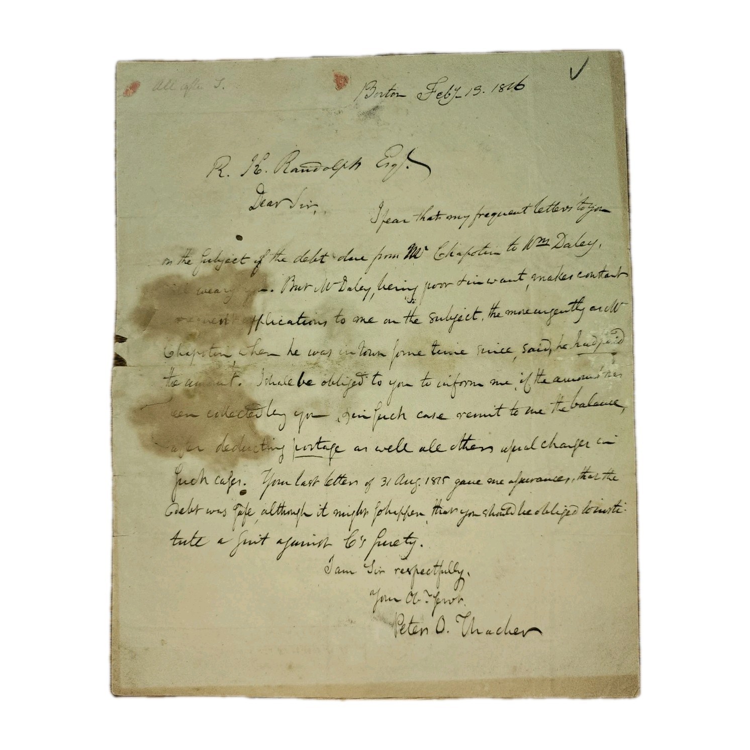 1816 Judge Peter O. Thacher ALS to Attorney Richard G. Randolph, Newport R.I. –