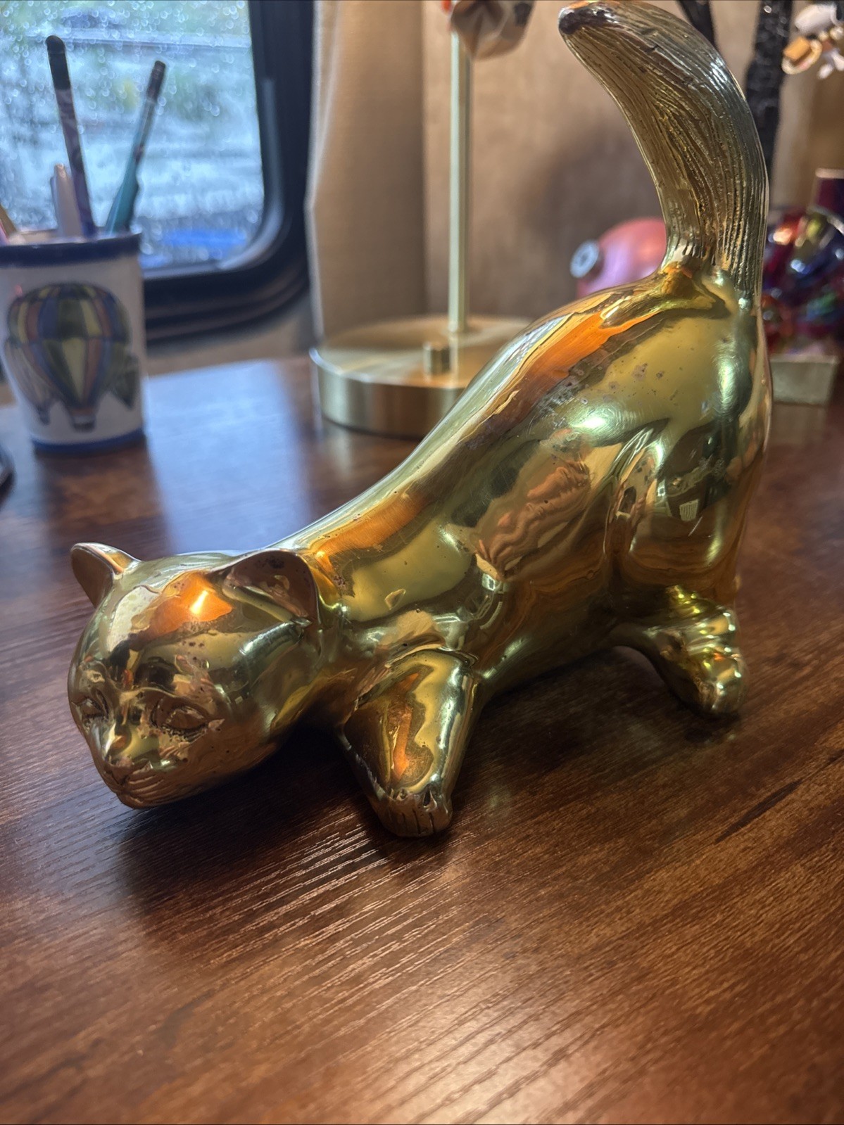 Vintage Solid Brass MCM Crouching Cat Large Heavy Figure Paperweight 7\