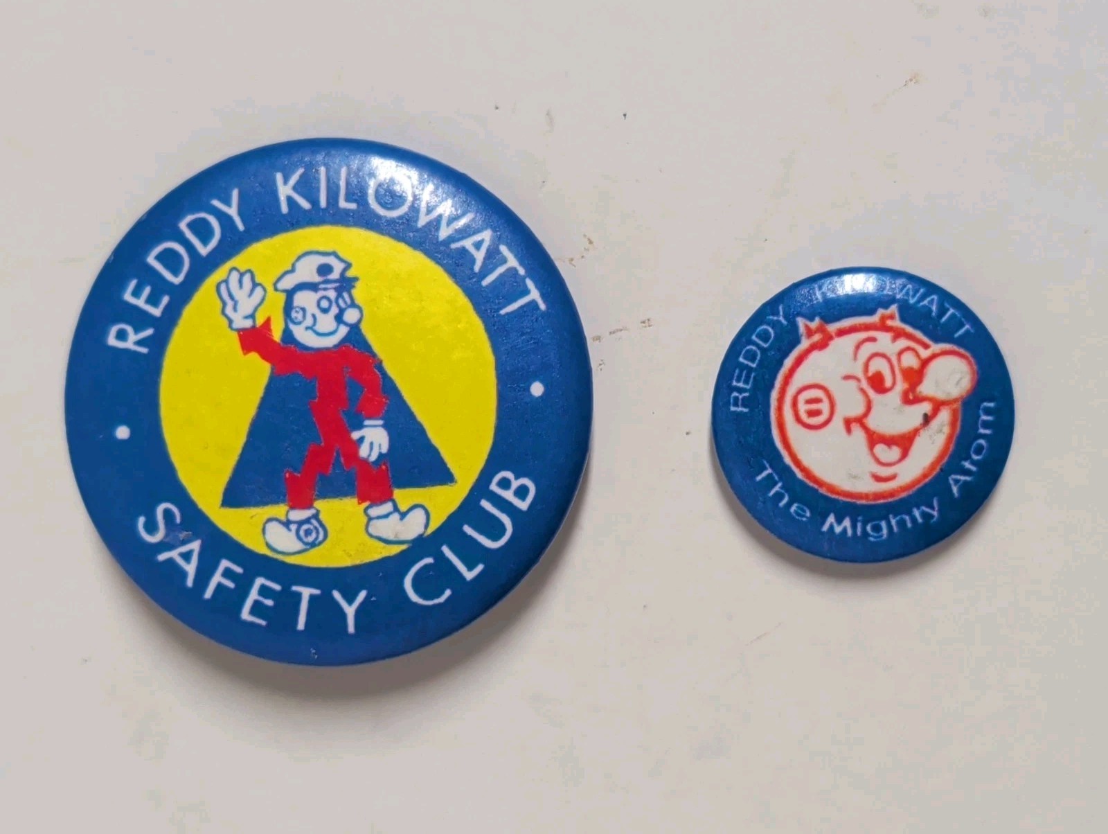 Cool Vintage 1960s-1970s Reddy Kilowatt Safety Club Pin & The Mighty Atom Pin Cool Vintage 1960s-1970s Reddy Kilowatt Safety Club Pin & The Mighty Atom Pin