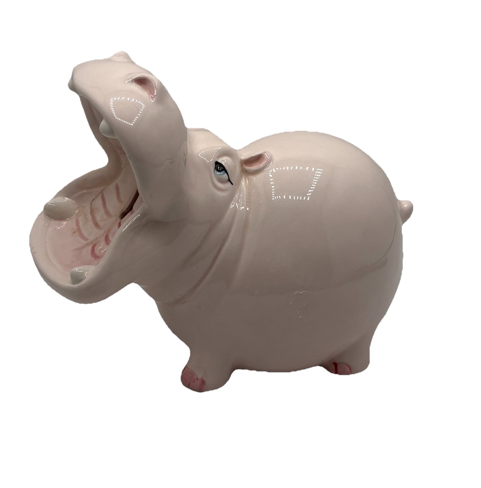 Vintage 1980s Fitz & Floyd Pink Hippopotamus Coin Piggy Bank Glossy Ceramic READ