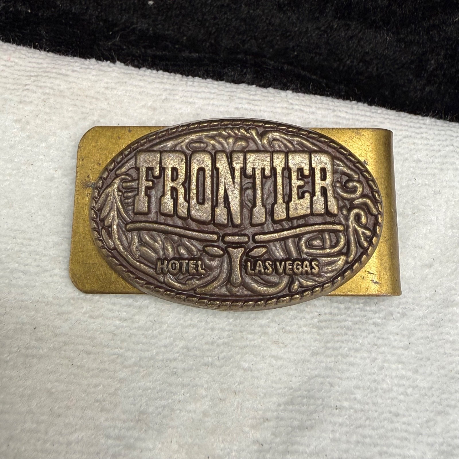 Vintage Frontier Hotel Money Clip Gold Brass Tone Las Vegas Casino Accessory