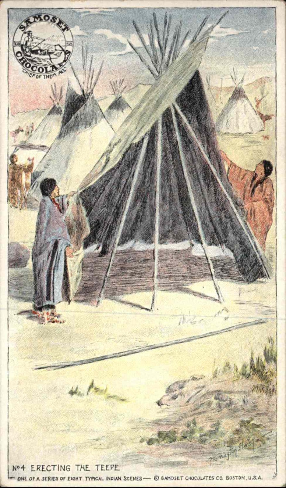 SAMOSET CHOCOLATES AD ADV American Indians Erecting Tepee Antique Postcard SAMOSET CHOCOLATES AD ADV American Indians Erecting Tepee Antique Postcard