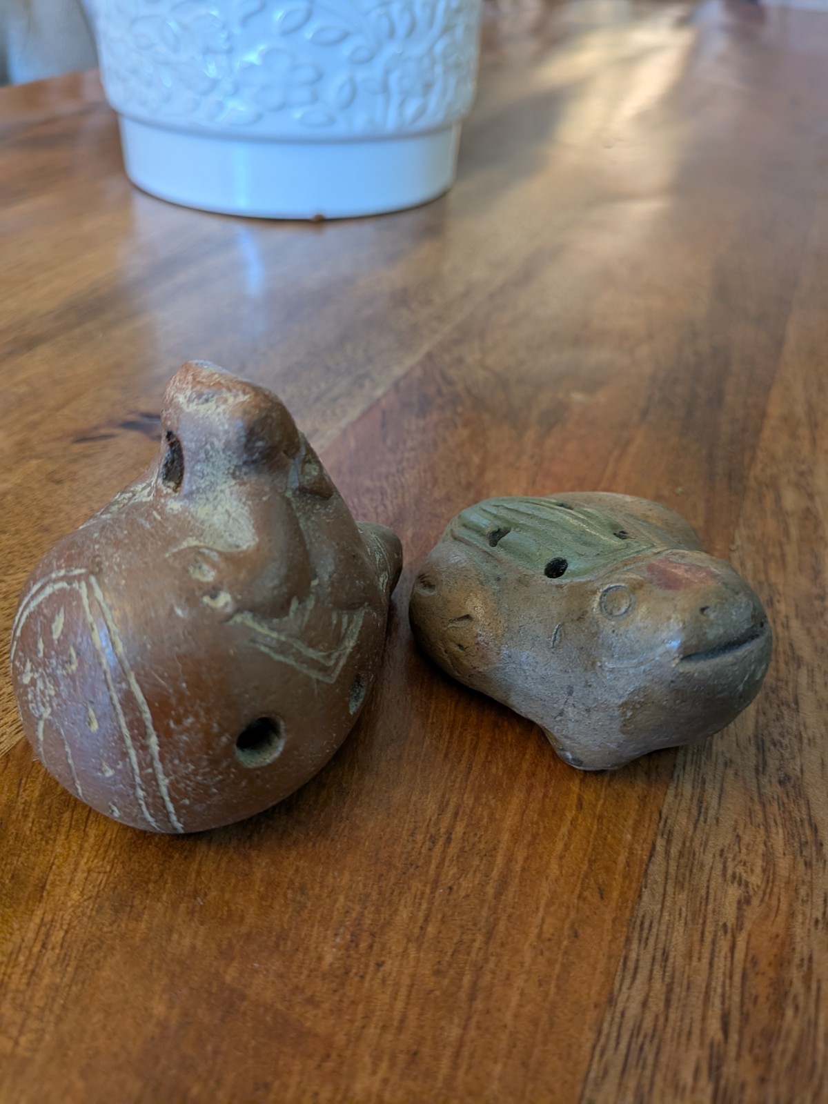 Vintage Pre-Columbian Style Clay Whistles 2 Pcs - Frog & Shaman Rider Ocarinas
