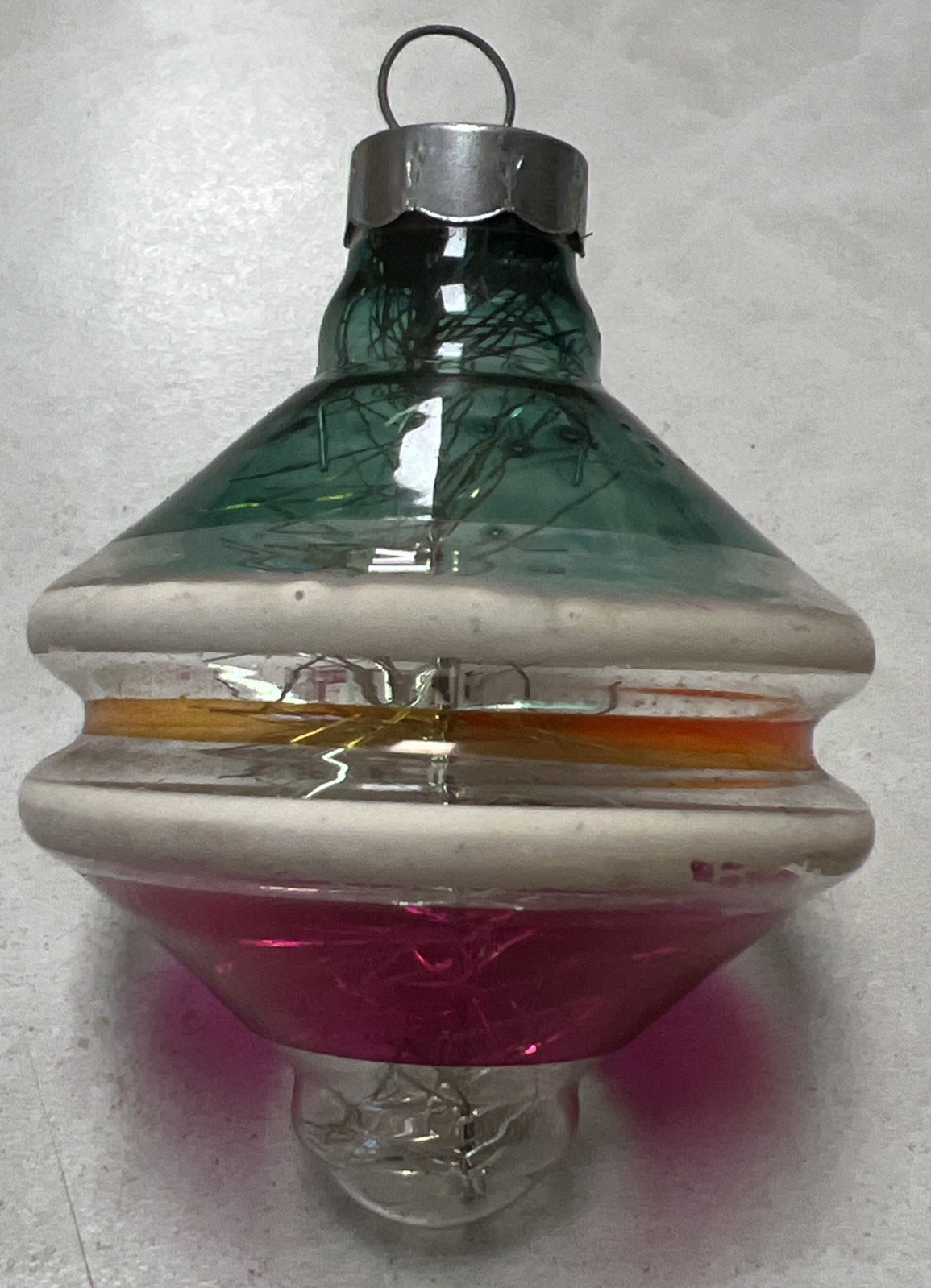 VINTAGE Shiny Brite? RARE UFO ATOMIC Tinsel Christmas Ornament Green Pink READ
