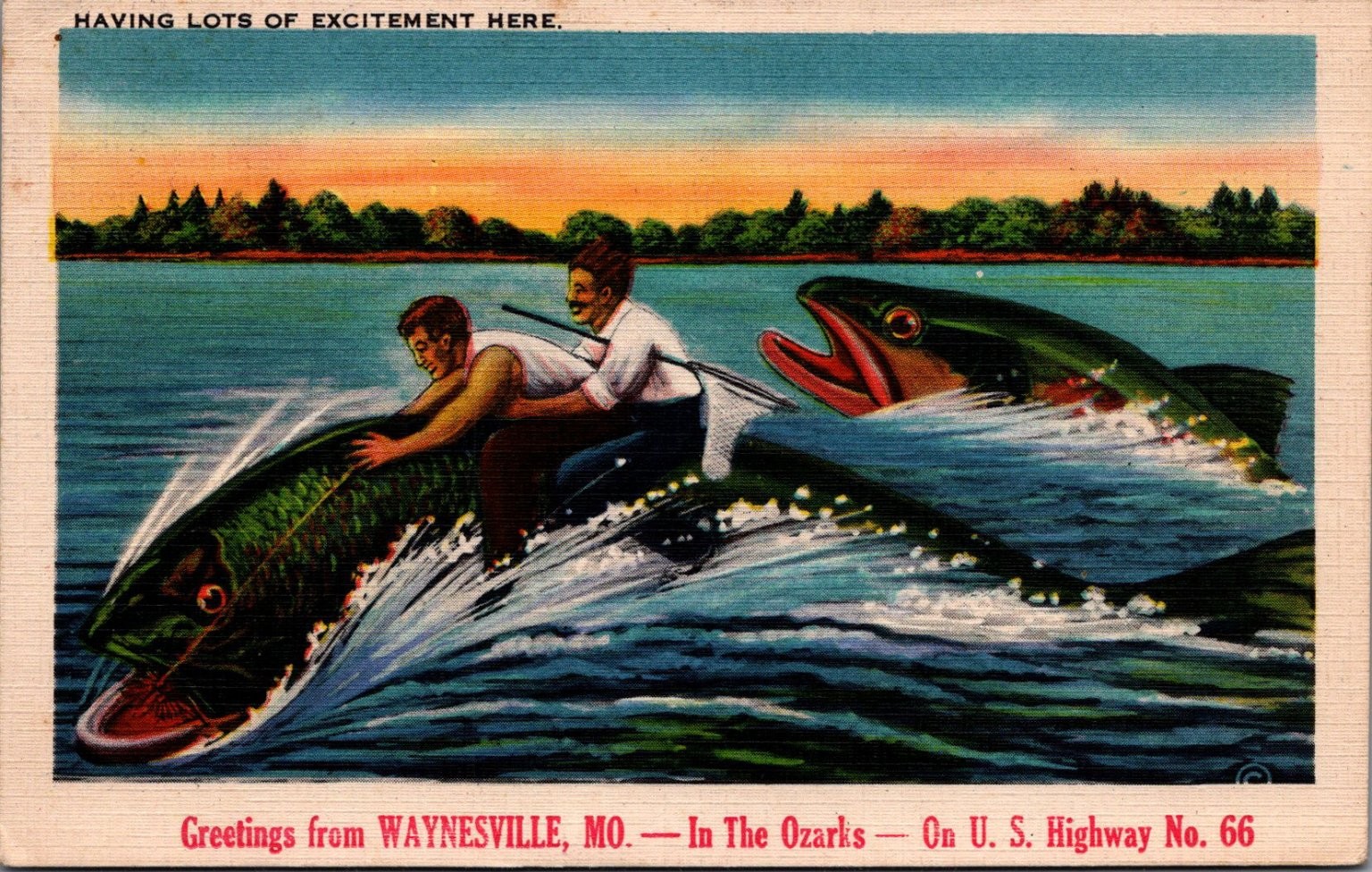 Waynesville MO Ozarks Route 66 Tall Tale Giant Fish Ride Linen Postcard 1937 Waynesville MO Ozarks Route 66 Tall Tale Giant Fish Ride Linen Postcard 1937