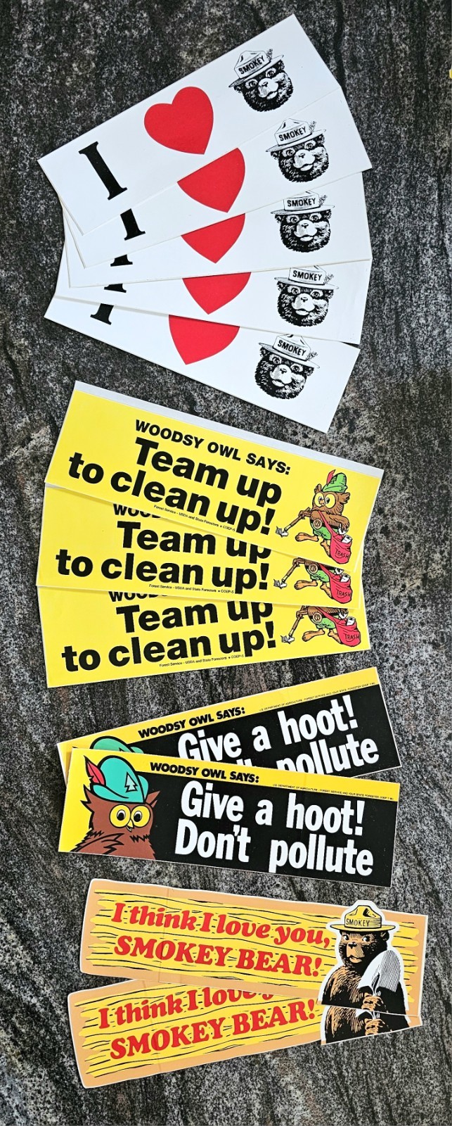 Lot of 12 Vintage Smokey Bear and Woodsy Owl Bumper Stickers, 1970s